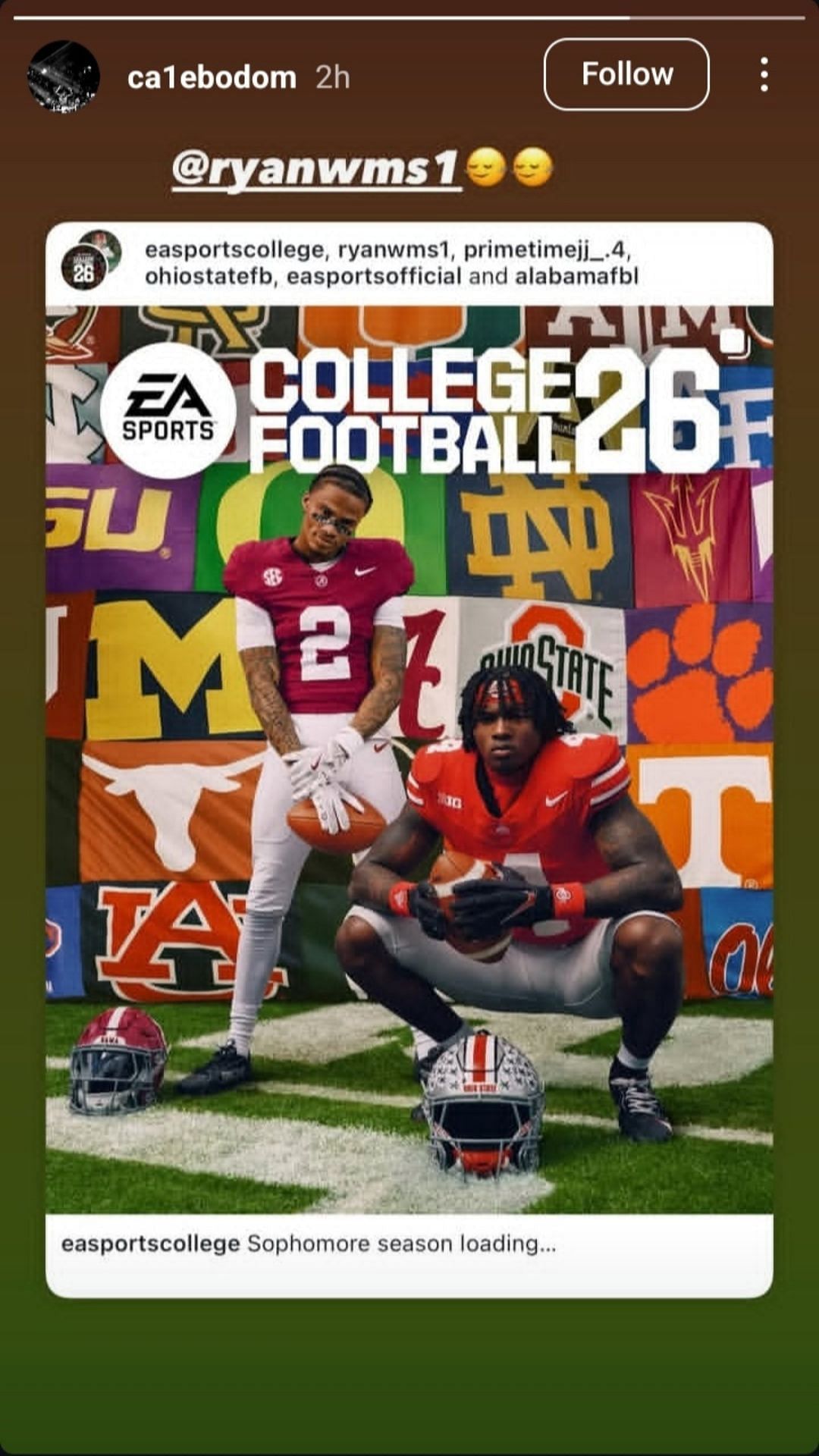 WR Caleb Odom shouts out Ryan Williams (IG/ca1ebodom)